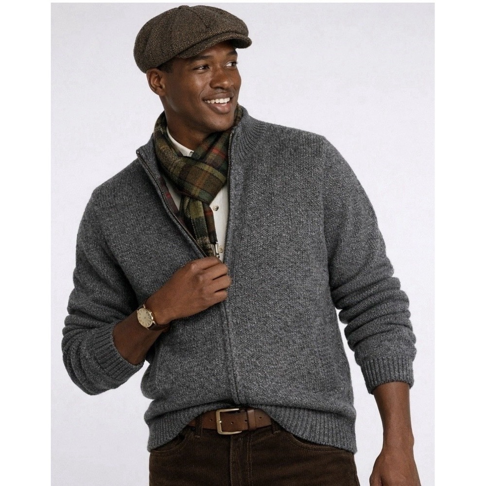 LL Bean Mens L Lambswool Ragg Wool Full Zip Sweater Jacket Fleece Lined Gray